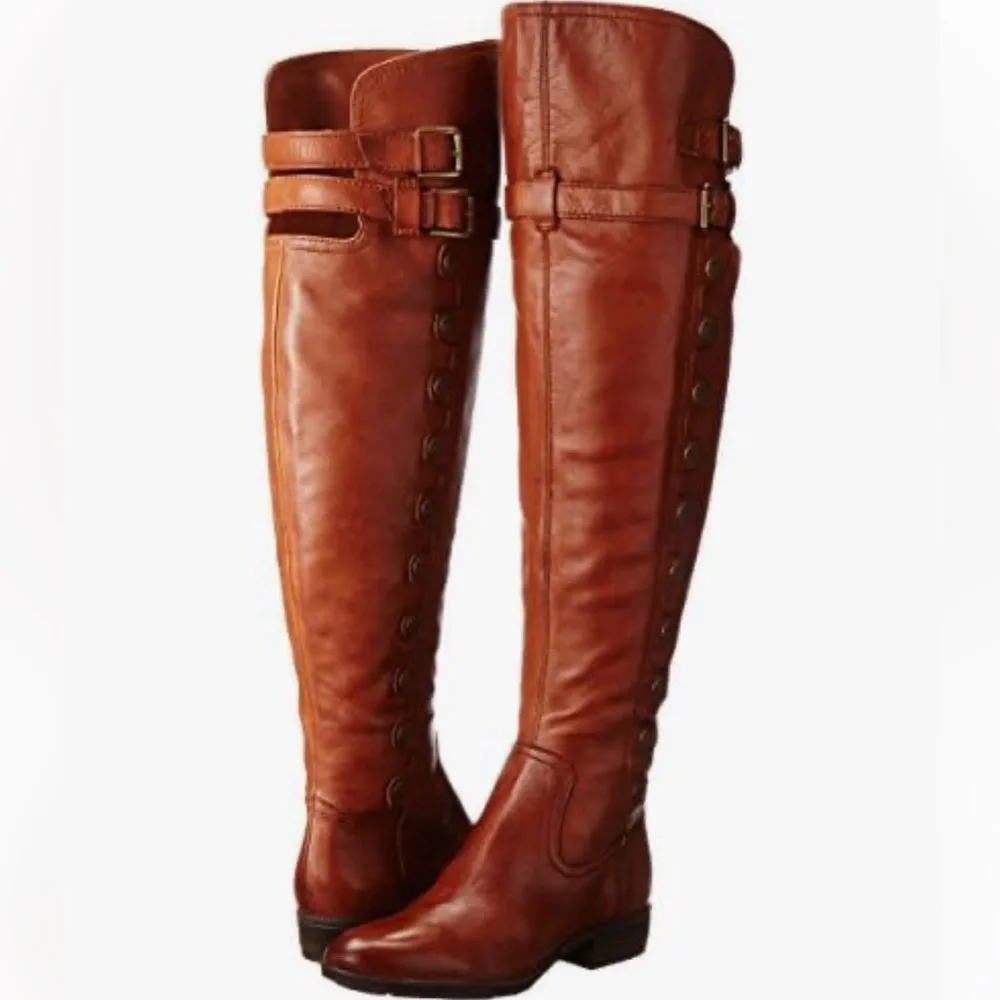Sam Edelman Pierce 2 Athletic Button-Accent Riding Boots - Cognac Brown. Size 8